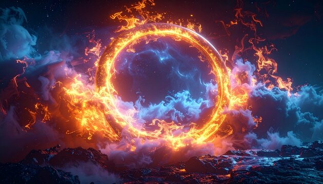 Vibrant magical portal of orange flames and glowing energy, encircled by dark, smoky storm clouds, depicting an epic fantasy gateway to another dimension