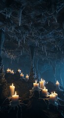 Cave interior lit by candles mystical atmosphere dark stone texture