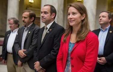 Fototapeta premium Eight new citizens stand together, pledging allegiance in a moment of unity filled with warmth and anticipation