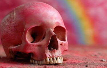 A neon pink skull stands out against a blurred rainbow background, blending spooky and playful aesthetics