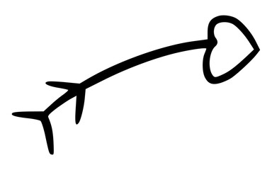 Curved Hand Drawn Heart Tip Arrow with Feather Tail Doodle Vector