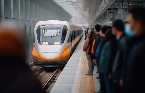 China bullet train arriving at station with passengers awaiting arrival on platform