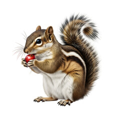 Obraz premium Cute squirrel eating fresh fruit with a fluffy mixed white striped tail in natural forest background, wildlife close-up, adorable animal scene.