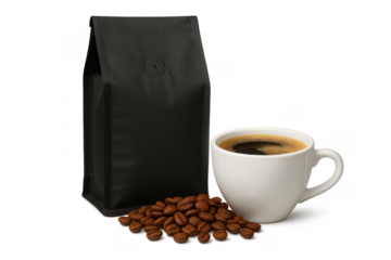 Black coffee bag with whole roasted beans and fresh brewed drink in white mug on transparent background