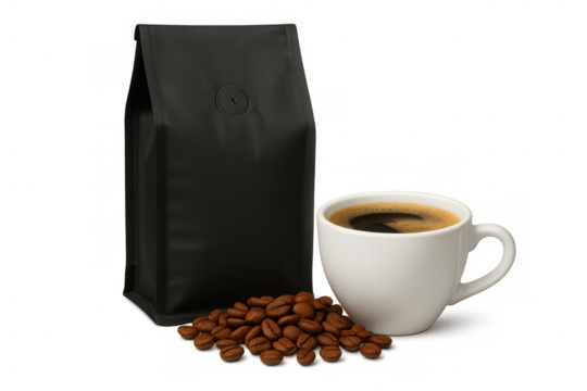 Black coffee bag with whole roasted beans and fresh brewed drink in white mug on transparent background