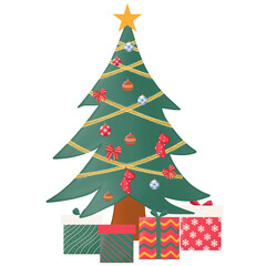 Festive Christmas tree with gift boxes underneath, isolated on transparent background for holiday artwork and greeting cards.