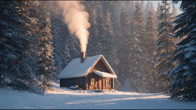 Cozy Winter Retreat: Isolated Log Cabin in Snowy Forest with Warm Smoke Rising from the Chimney