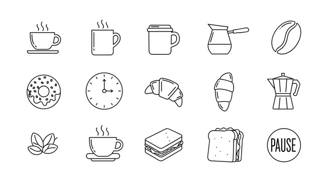 A diverse collection of line art icons representing a coffee break, featuring steaming coffee cups, a clock, a croissant, a donut, coffee beans, a sandwich, toast, and a pause button, perfect for - Powered by Adobe