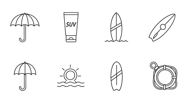 Collection of minimalist line art icons representing summer and beach essentials: umbrellas for rain protection, sunscreen for sun safety, surfboards for water sports, and a lifeline for safety, all