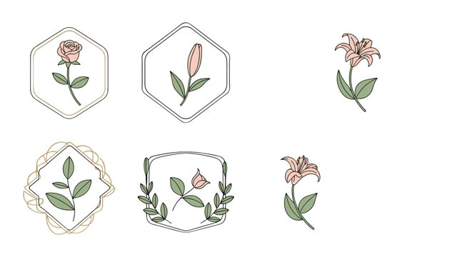 Set of six minimalist floral badges and business card designs featuring delicate roses, lilies, and botanical elements, rendered in a charming cartoon illustration style with soft pastel colors and