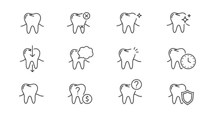 Set of 12 minimalistic thin outline icons representing various aspects of dental health and care, including a healthy tooth, a damaged tooth with a cross, a sparkling clean tooth, a tooth with a