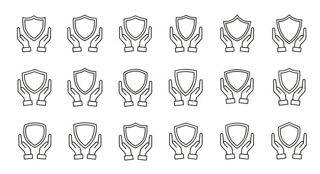 Collection of outline shield icons held by hands, symbolizing protection, security, and safety. These versatile vector graphics are perfect for web design, app development, advertisements, and