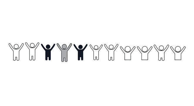 A diverse group of stylized human figures with arms raised in celebration or triumph, set against a stark black background, with one figure highlighted in white, symbolizing individuality