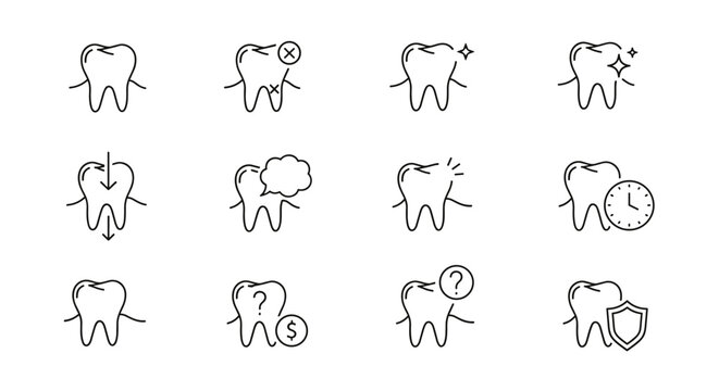 Set of 12 minimalistic thin outline icons representing various aspects of dental health and care, including a healthy tooth, a damaged tooth with a cross, a sparkling clean tooth, a tooth with a