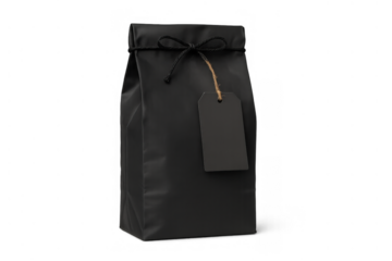 Black stand up pouch with blank gift tag for branding mockup. Product packaging, premium present. Transparent background