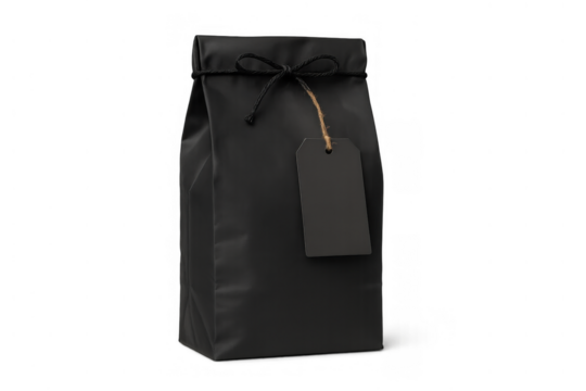 Black stand up pouch with blank gift tag for branding mockup. Product packaging, premium present. Transparent background