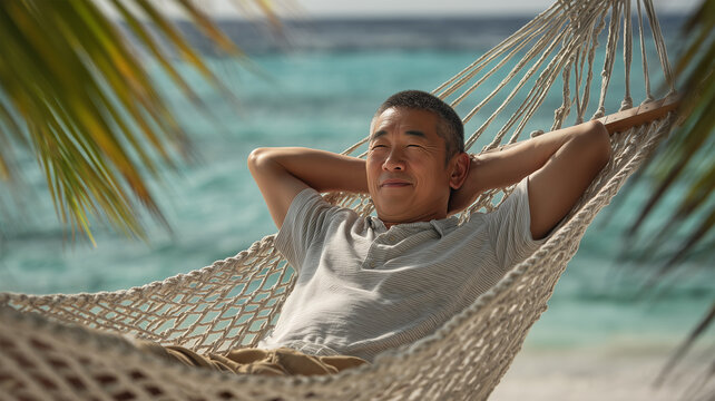 中年の日本人男性がビーチでハンモックに揺られる