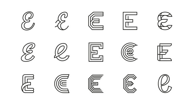 Set of 15 unique 'E' monograms and logos in various modern, minimalist, and artistic styles, presented on a clean black background, perfect for branding and graphic design projects, offering a