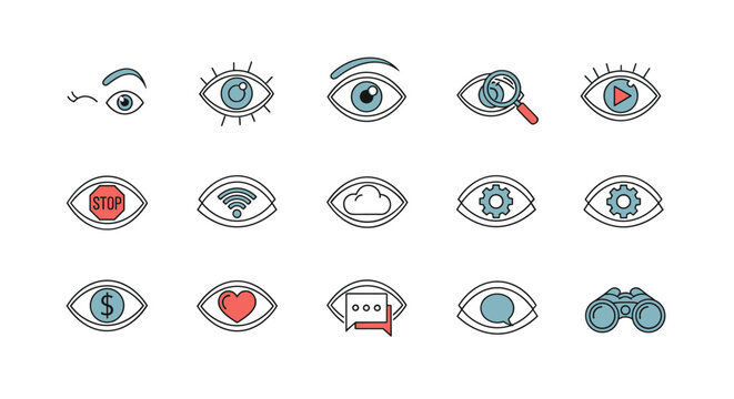 Set of eye line icons with various symbols inside, including a winking eye, a magnifying glass, a stop sign, Wi-Fi signal, cloud, gear, dollar sign, heart, chat bubble, and binoculars, perfect for