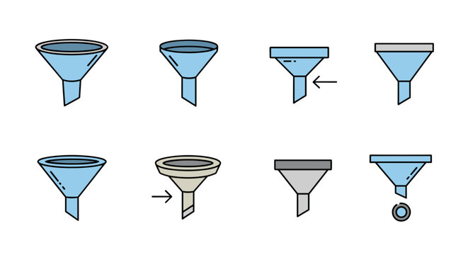 Set of eight funnel icons in a cartoon illustration style, featuring various designs and colors including blue, grey, and beige, with some indicating flow or filtering with arrows and circles