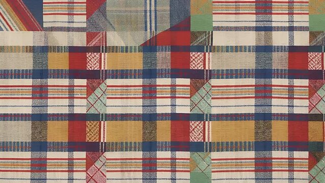 repeated design consisting of intersecting bands of color and checked squares forming a vibrant textile