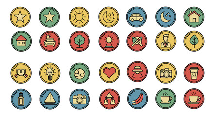 Vibrant and nostalgic vector illustration set featuring a collection of circular badges with vintage-inspired icons, including stars, sun, moon, car, house, tree, lightbulb, earth, heart, camera