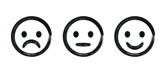 Hand-Drawn Brush Emoji Faces – Sad, Neutral & Happy Expression Icons . Minimal Black Brush Stroke Emotion Set