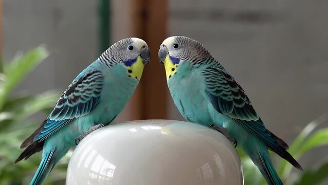 Small Parrot-like Birds Engaging in Mutual Preening and Grooming Behavior as a Social