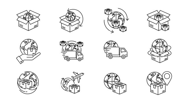 Global delivery and logistics icons set, featuring cardboard boxes, the Earth, trucks, airplanes, and location pins, presented in a minimalistic linear style for web and graphic design, apps