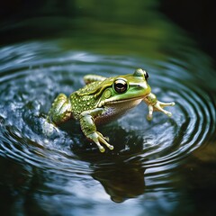 Obraz premium Green frog emerges from rippling water with detailed skin Photo