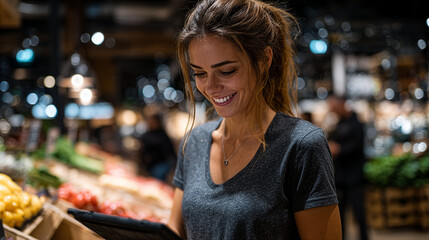 Woman Checking Fresh Produce with Tablet - Digital Grocery Management