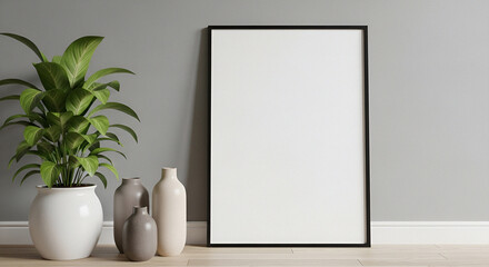 Minimalist Home Decor with Frame, Potted Plant, and Soft Natural Light