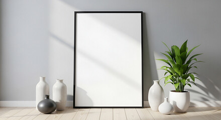 Vertical Black Frame Mockup with Blank Canvas in Scandinavian Interior
