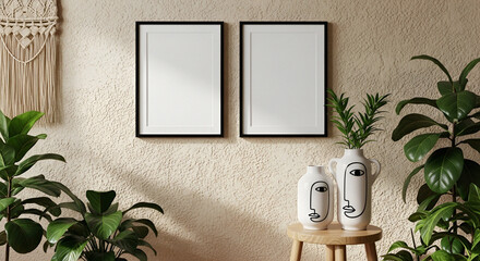 Rustic Plaster Wall with Frames, Abstract Face Vases, and Natural Decor