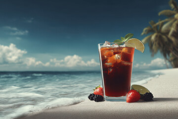 refreshing cocktail with ice cubes and berries set against sunny beach background