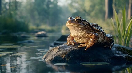 Toad resting on a rock in a tranquil pond frog amphibian Photo