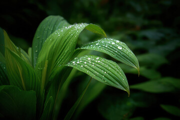 capture essence of tropical paradise with droplets of dew glistening on lush green leaves