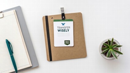 Transfer Wisely Guide with Notebook and Plant on White Surface