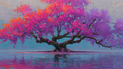 霧の水面に幻想的な大樹が紫陽花色の花を咲かせる