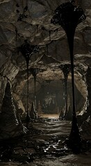 Dramatic cave interior with black elongated structures and dim lighting