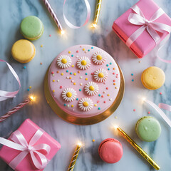 Daisy Birthday Cake Flat Lay: Pastel Icing, Macarons, and Sparklers on Marble