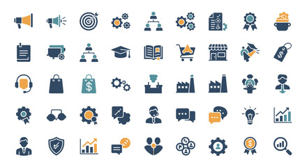 Vibrant collection of vector solid icons representing marketing, business processes, commerce, learning, shopping, industry, customer service, and financial concepts, perfect for digital