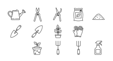 Outline icon set of horticultural care practices, including a watering can, pruning shears, fertilizer bag, mulch pile, trowels, potted plant, gardening gloves, and spray bottle, representing