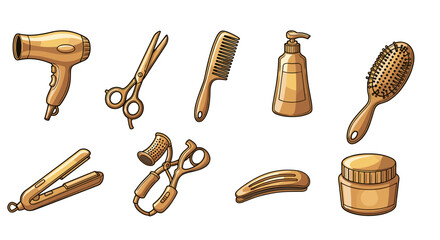 Golden gradient cartoon illustration of a set of essential hair salon tools, including a hairdryer, scissors, comb, lotion dispenser, hairbrush, straightener, eyelash curler, hair clip, and jar of