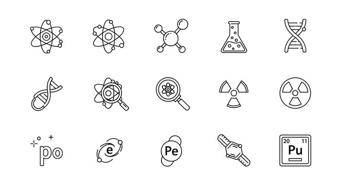 Set of science and technology icons with editable stroke, featuring atoms, DNA strands, molecules, laboratory flasks, magnifying glass, radiation symbols, and periodic table elements, perfect for