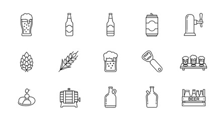 Outline icon collection of beer-related items, including glasses, bottles, cans, hops, barley, kegs, growlers, bottle openers, and beer taps, perfect for infographics, articles, books, flyers, and