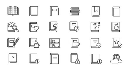 Set of 24 book-related line icons with editable strokes, featuring concepts like education, knowledge, learning, ideas, and more, presented on a clean white background for versatile use in graphic