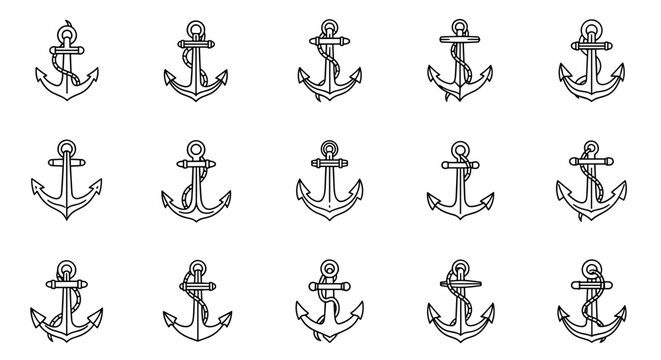 Collection of fifteen anchor outline icons, each with an editable stroke, perfect for infographics, articles, books, flyers, and banners, rendered as a vector cartoon illustration on a black