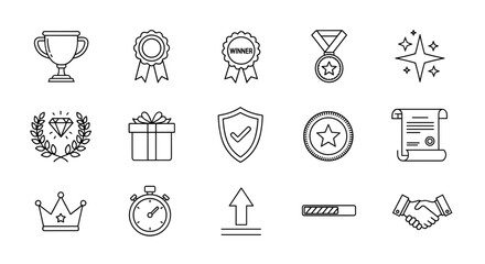 Collection of white outline icons on a black background, representing success, achievement, and recognition, including a trophy, medals, a starburst, a laurel wreath with a diamond, a gift box, a