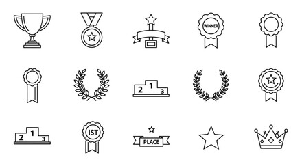 Collection of winning icons and award symbols, including trophy cups, winner medals, laurel wreaths, podiums, and crowns, presented as clean line art silhouettes on a black background, perfect for